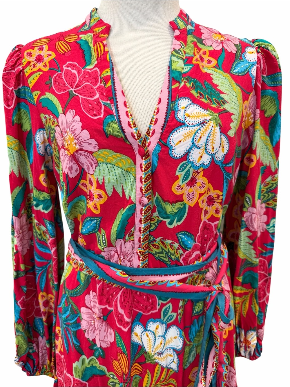 Adrianna Papell Tropical Floral Dress Tie Waist V Neck Long Sleeve Mini Red 8 - Picture 7 of 14